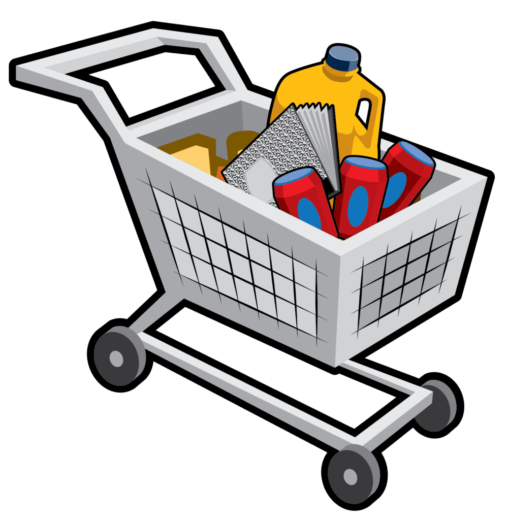 Graphic of shopping cart with items made with recyclable materials